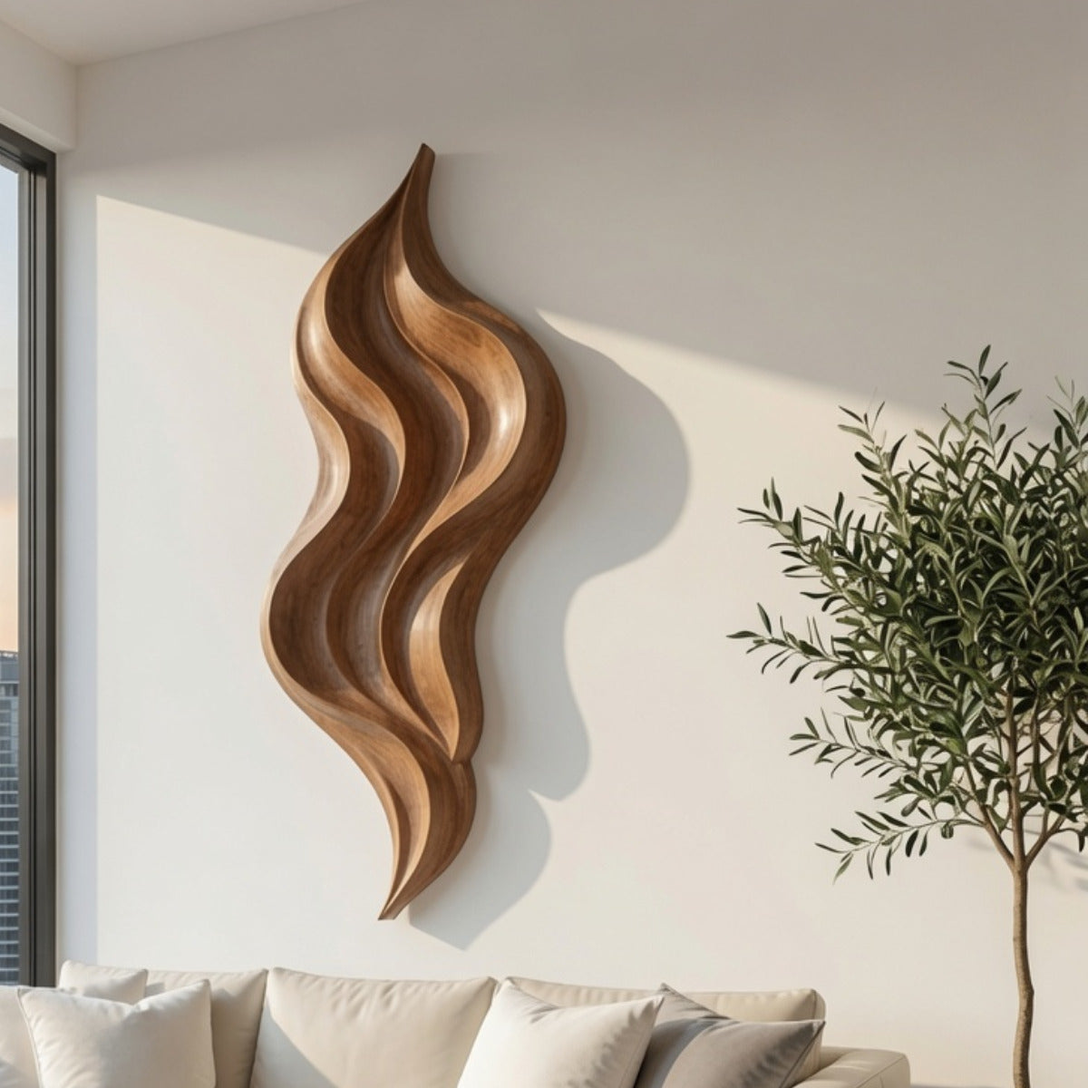 Organic hardwood wall panel enhancing a minimalist interior