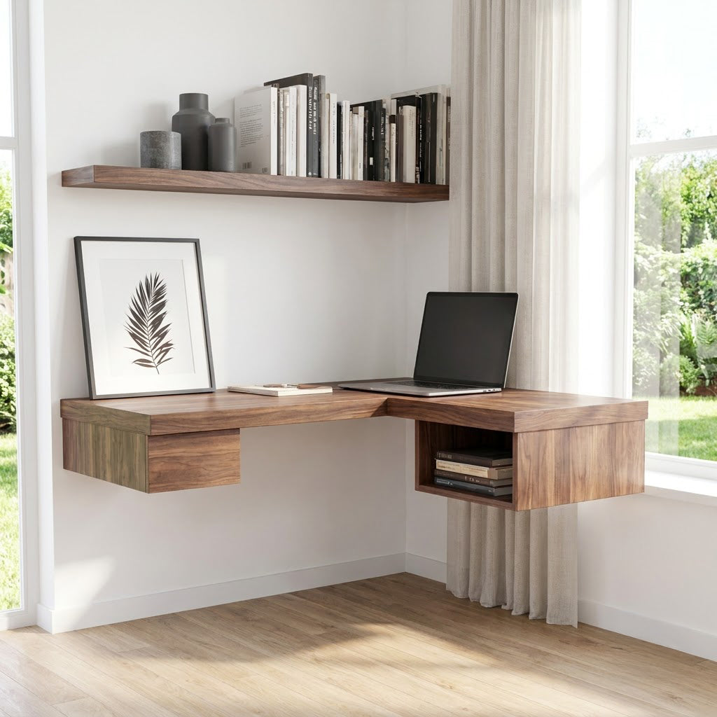 Modern solid wood floating L-shaped corner desk styled with a laptop in a contemporary home office