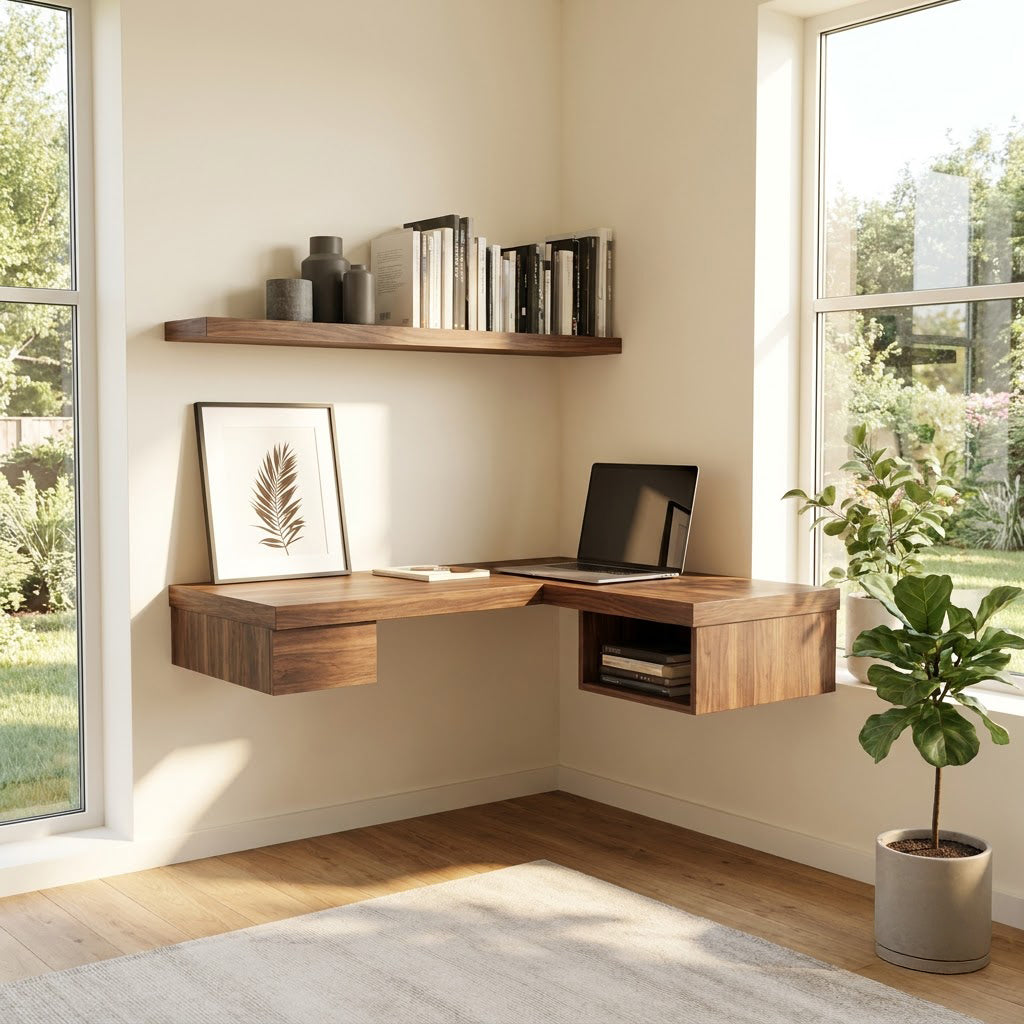Handcrafted natural wood wall-mounted L-shaped desk with storage for a cozy bedroom work nook
