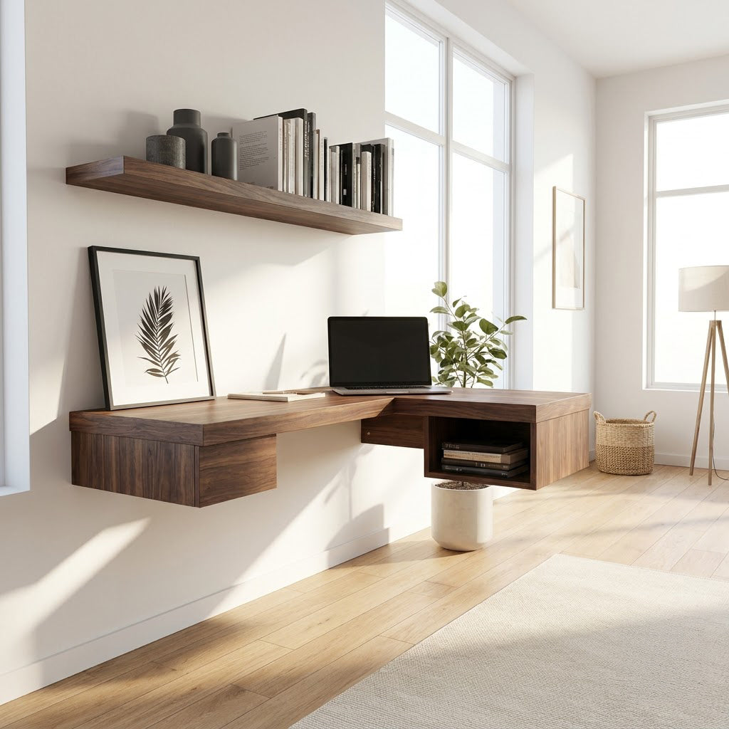Minimalist solid wood floating corner workstation with drawer placed in an open-concept study room