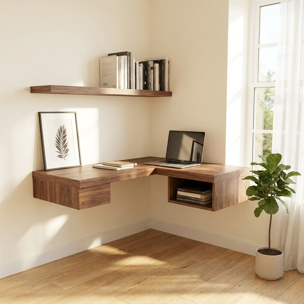 Artisanal solid timber wall-hung L-shaped computer desk elevating a compact apartment workspace