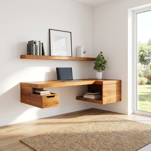 Modern Handcrafted Solid Wood Floating L-Shaped Corner Desk with Integrated Storage Cubbies & Drawer