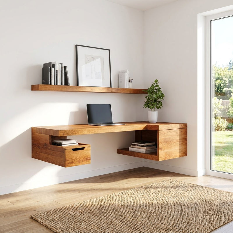 Modern handcrafted floating L-shaped corner desk with drawer in solid wood