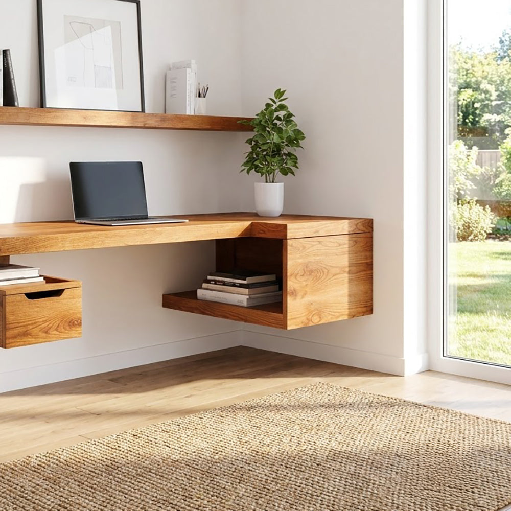 Sleek wall-mounted L-shaped desk with storage cubby made from natural solid wood