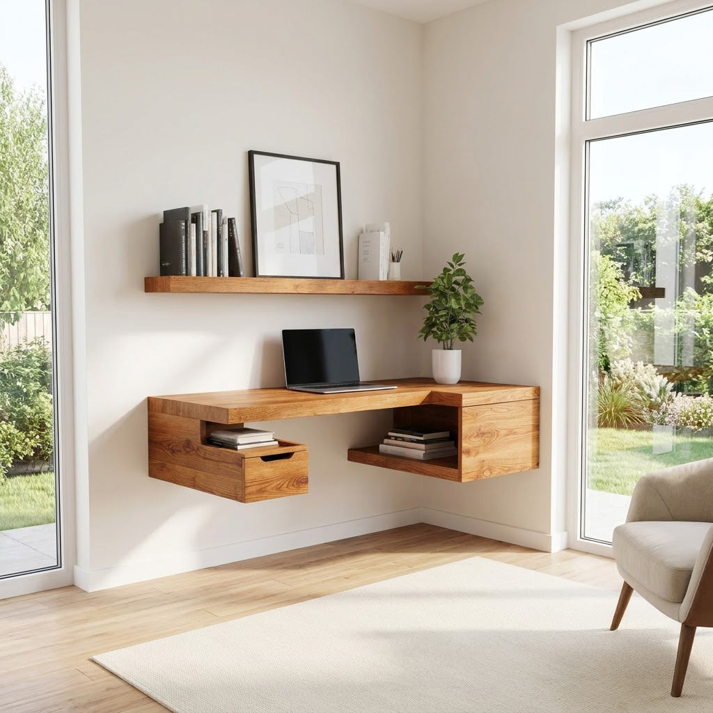 Handcrafted natural wood wall-mounted L-shaped workstation for a compact study nook