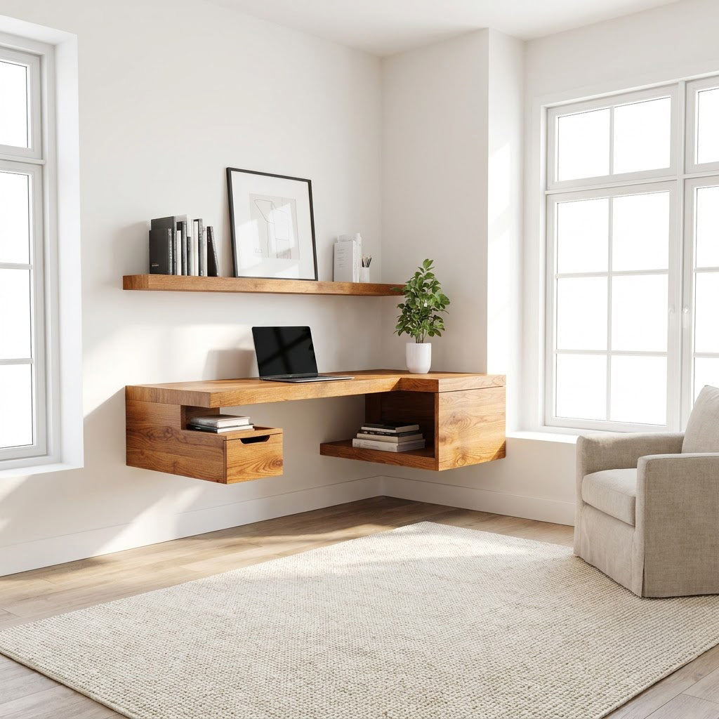 Artisanal solid timber wall-hung L-shaped computer table elevating an open-plan apartment workspace