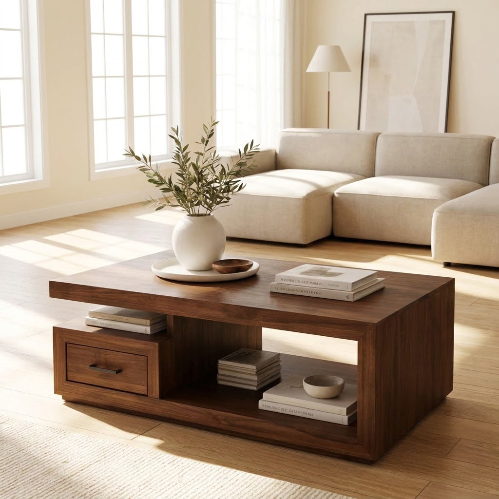 Handcrafted storage coffee table in solid wood