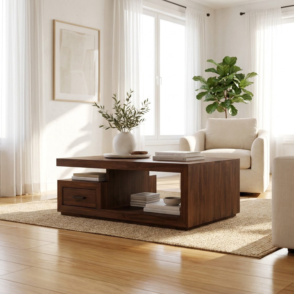 Modern solid wood plinth coffee table with storage cubby in a contemporary living room