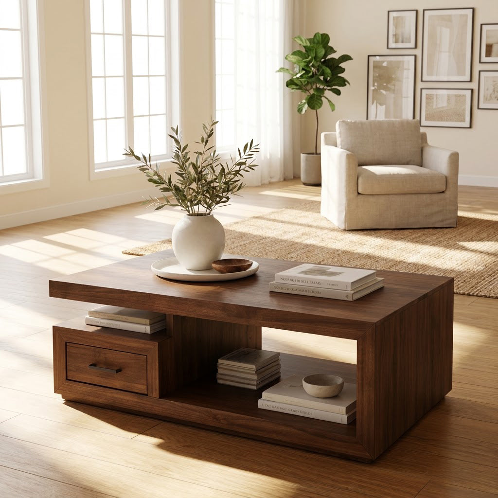 Handcrafted solid wood coffee table with drawer styled in a minimalist lounge