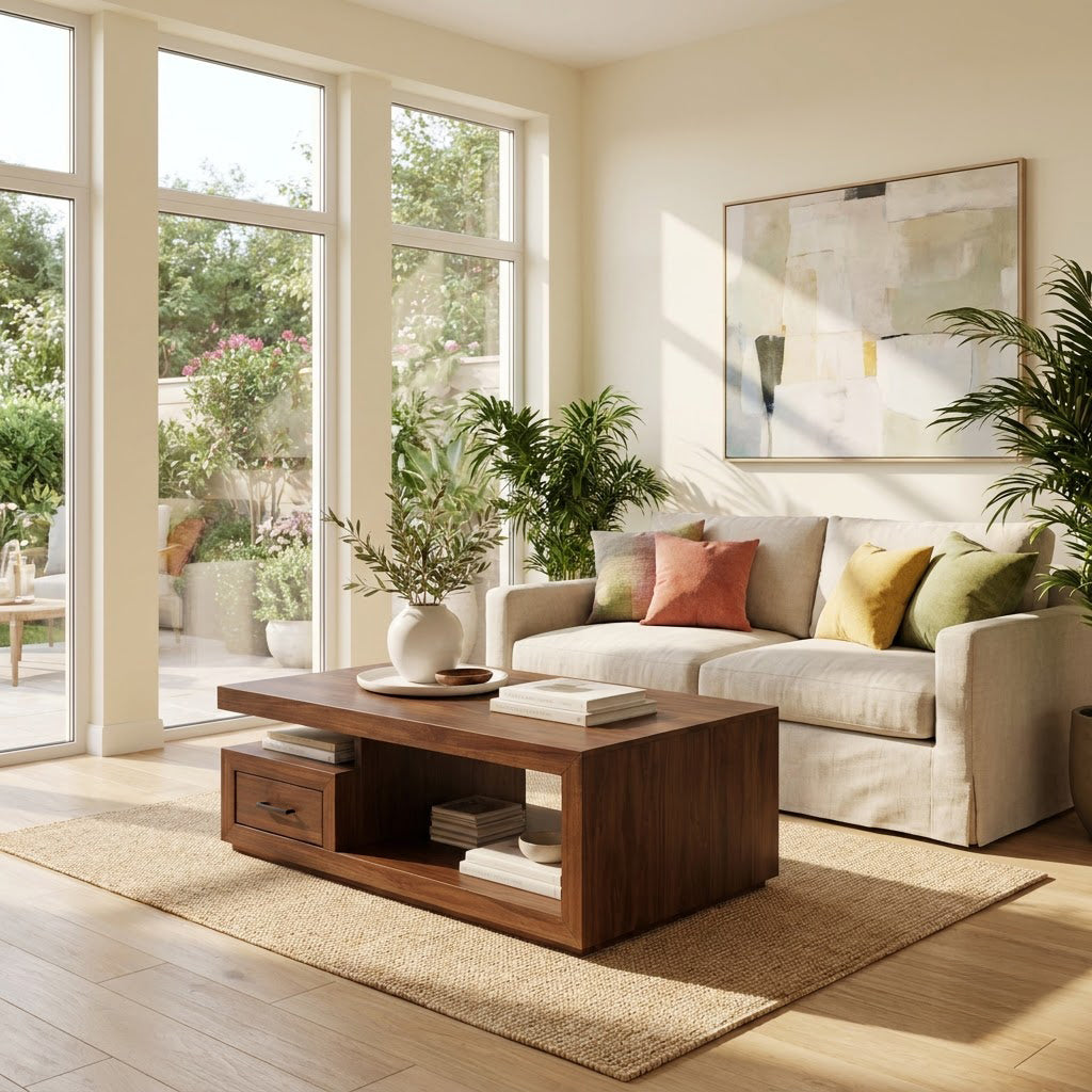 Cantilevered solid wood coffee table displayed in a modern living space