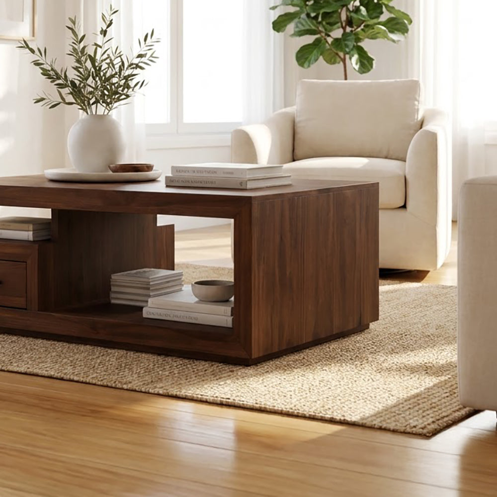 Handcrafted solid wood plinth coffee table showcased in a sophisticated living room