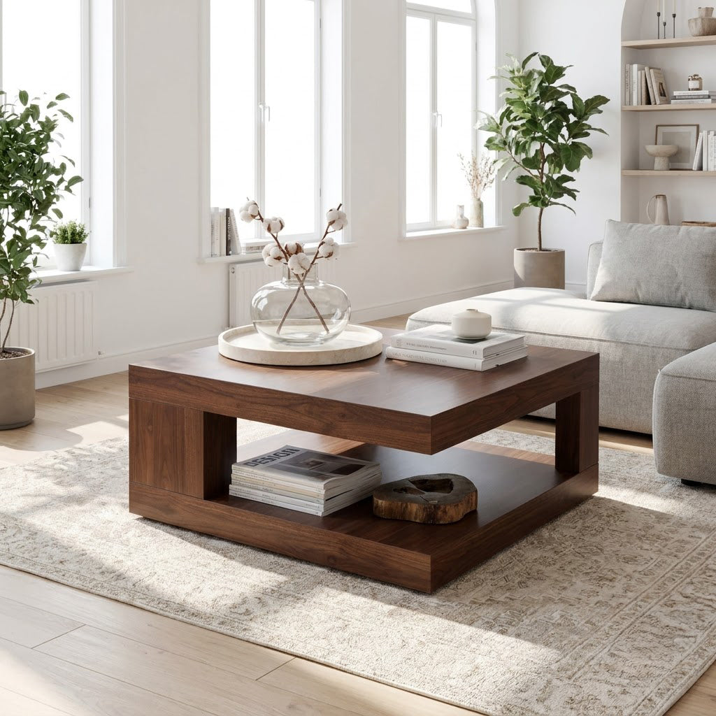 Modern square plinth coffee table in solid wood