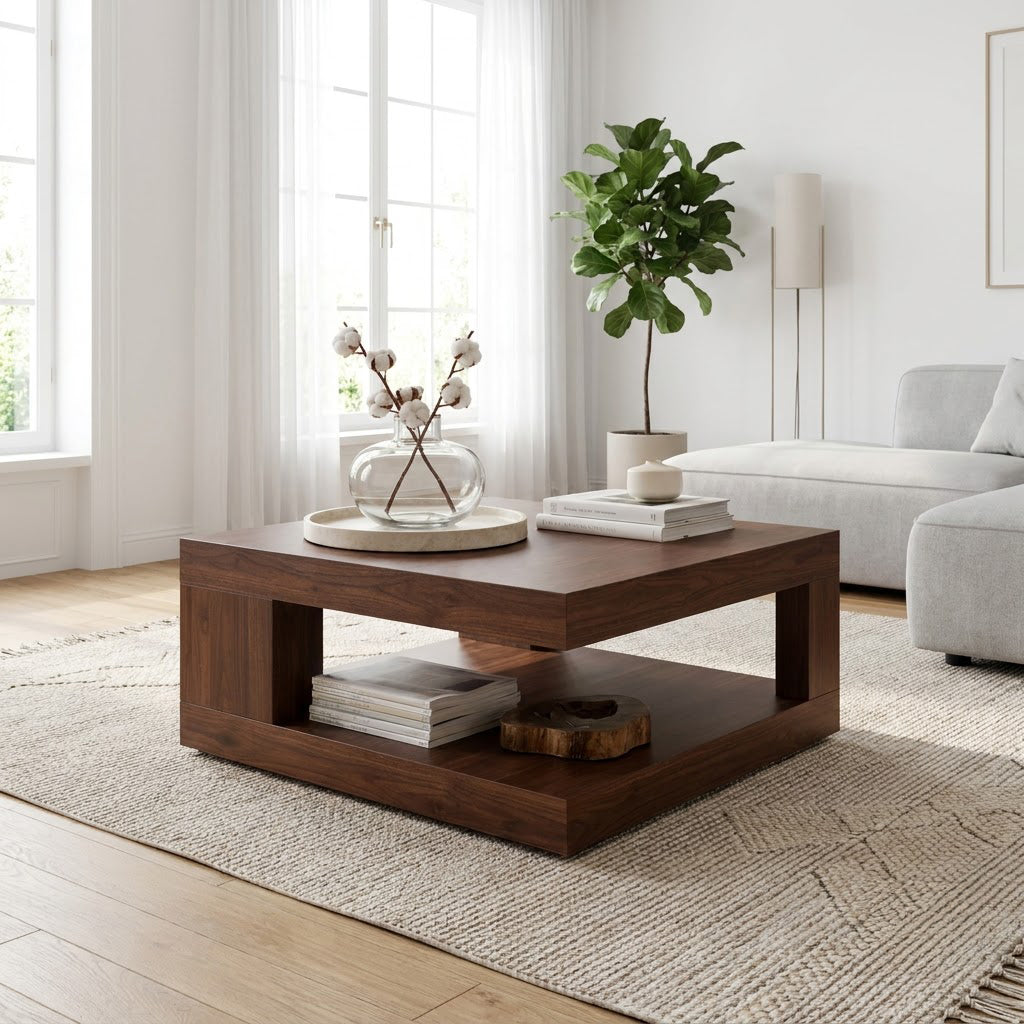 Modern solid wood square plinth coffee table with open storage in a contemporary living room