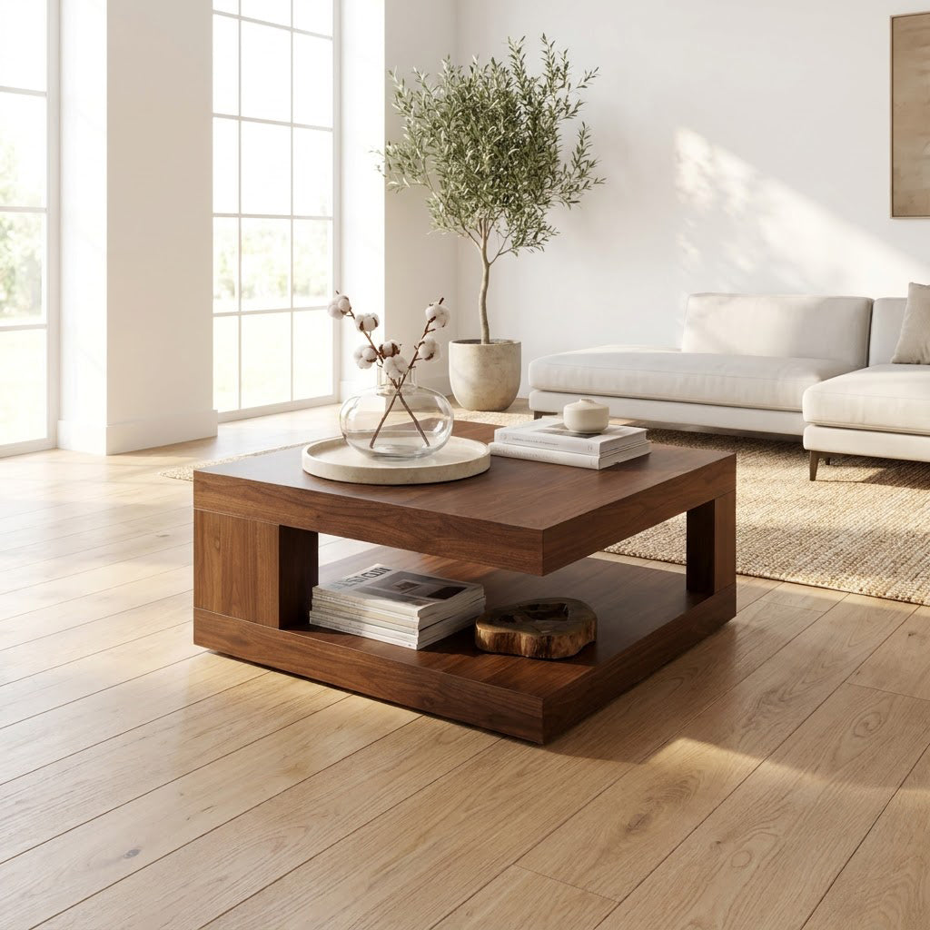 Handcrafted solid wood coffee table with architectural block pillars styled in a modern lounge