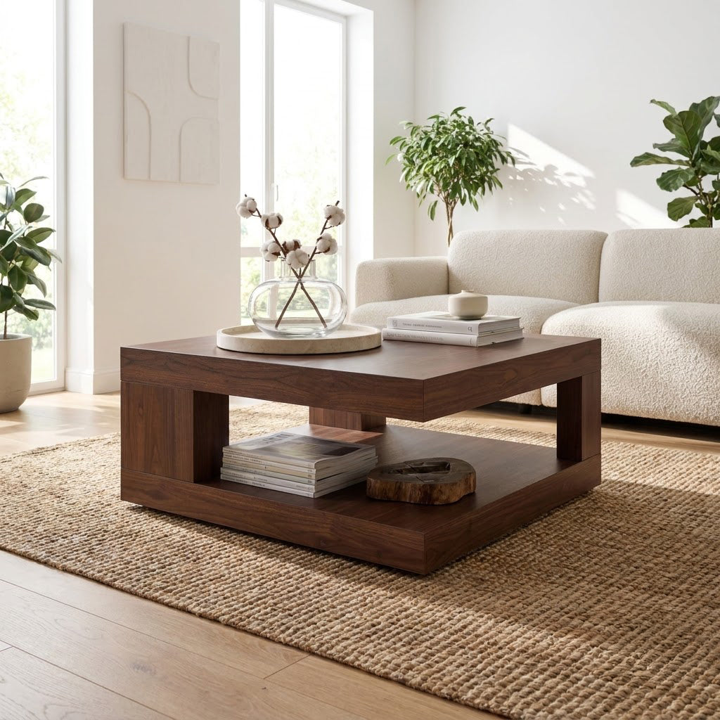 Minimalist solid wood plinth coffee table with open shelving in a contemporary living space