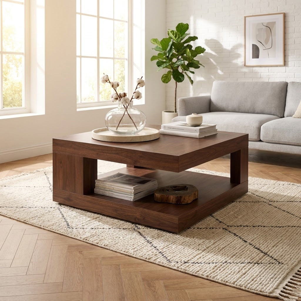 Handcrafted solid wood square coffee table showcased in an elegant living room