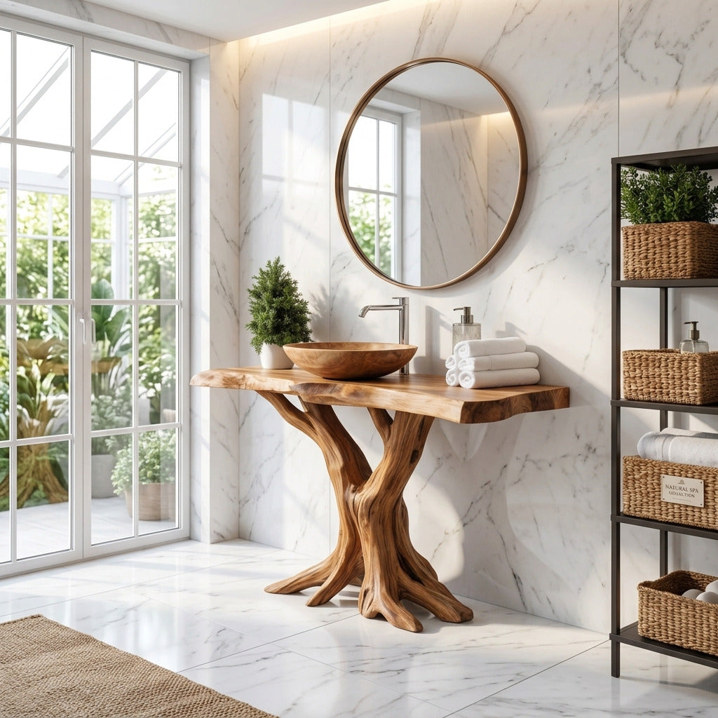 Modern live edge solid wood bathroom vanity in a contemporary bathroom