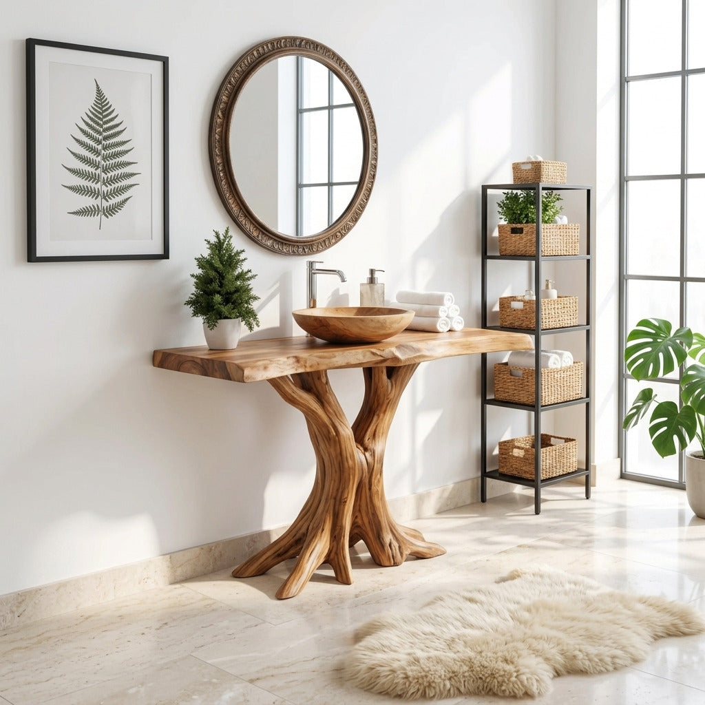 Live edge hardwood bathroom vanity enhancing a luxury interior