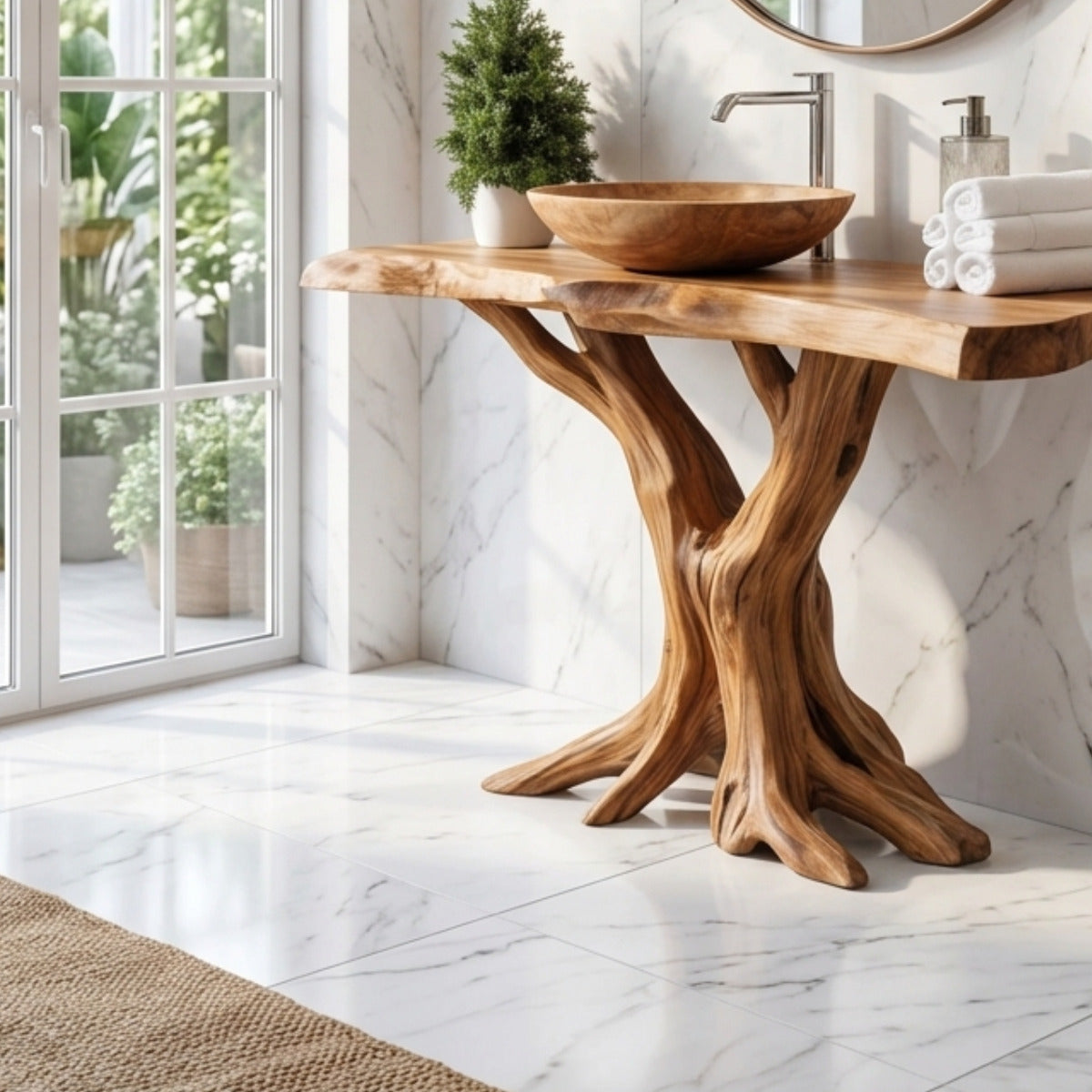 Live edge hardwood bathroom vanity enhancing a luxury interior