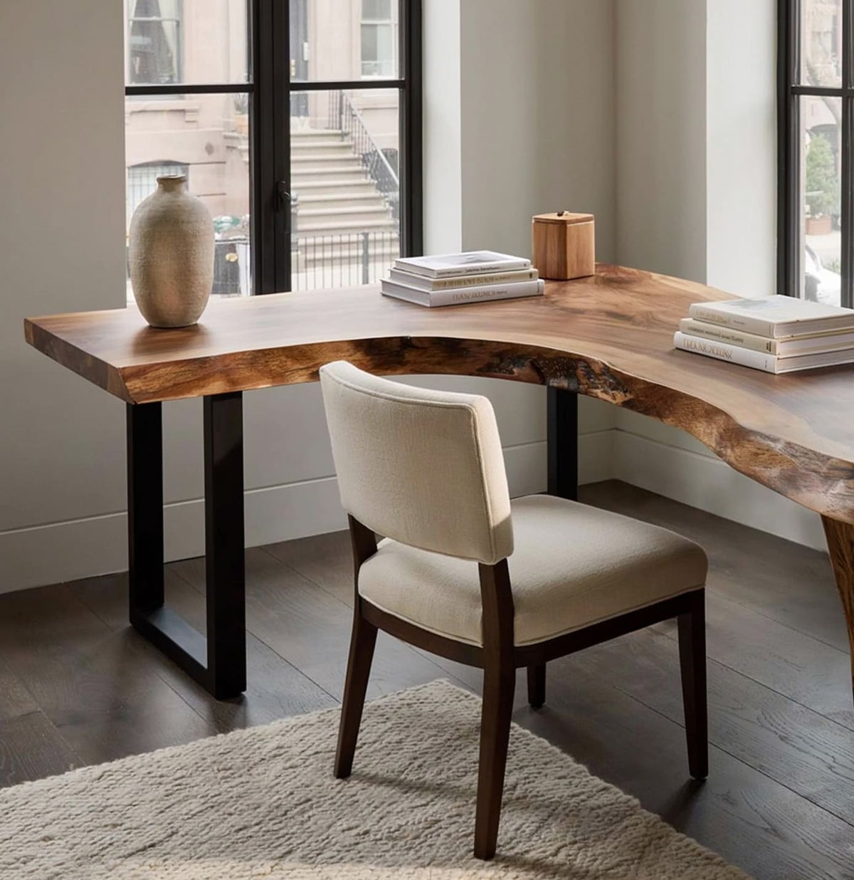 Solid wood study desk featuring a spacious L-shaped design and natural live edge details