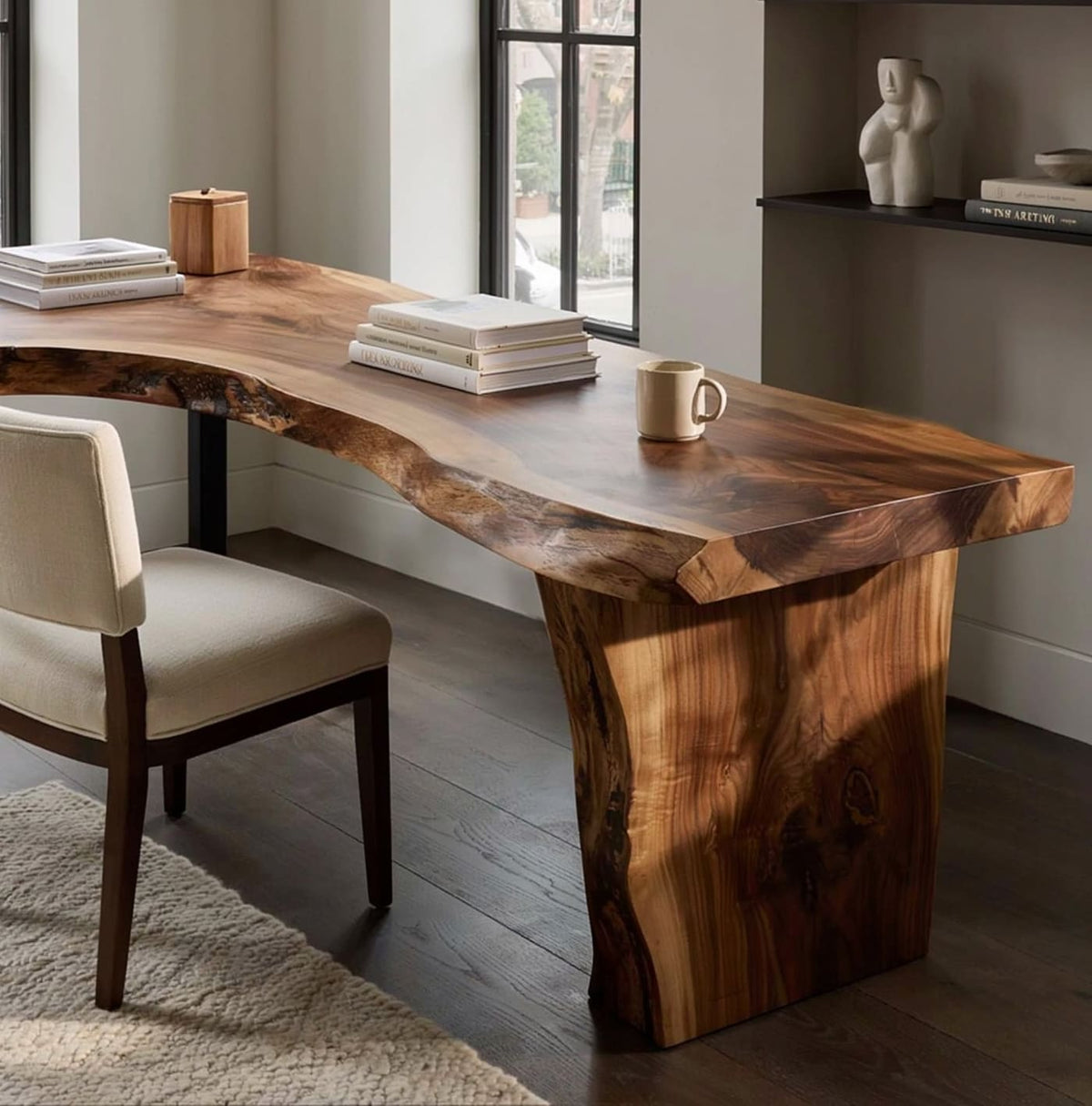 Solid wood study desk featuring a spacious L-shaped design and natural live edge details