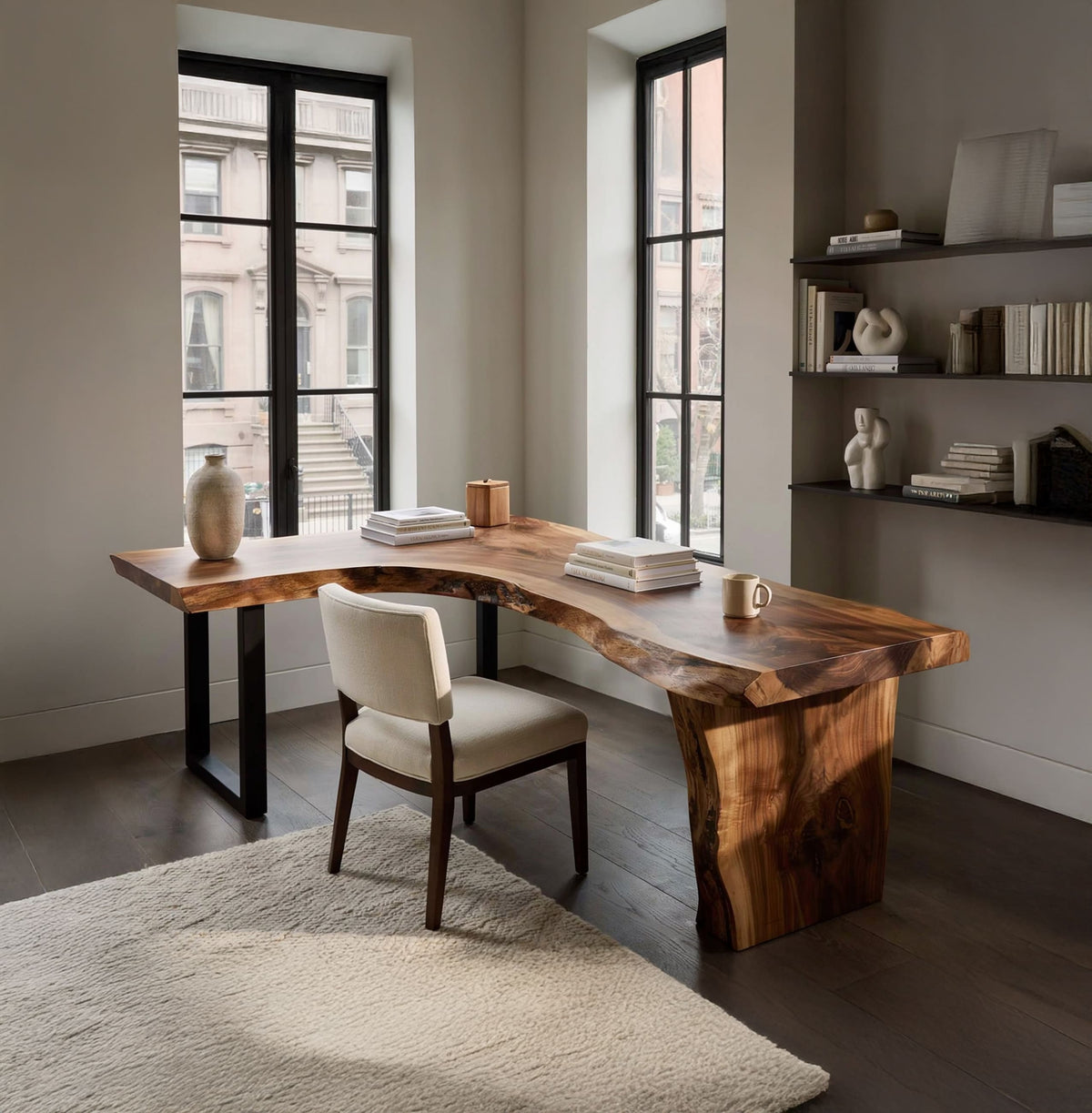 Live edge L-shaped desk styled in a contemporary study room