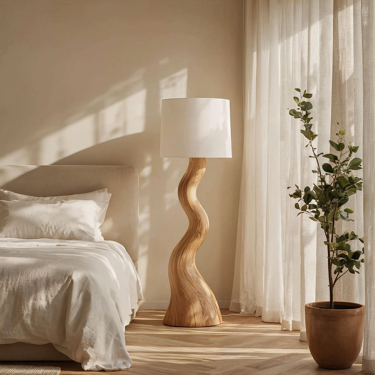 Handcrafted wooden floor lamp designed to provide warm ambient lighting for bedroom