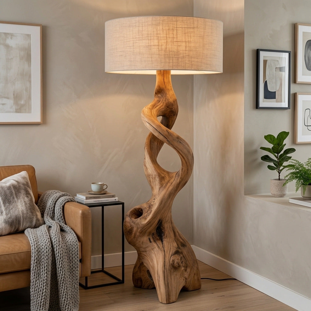 Handcrafted wooden standing lamp enhancing a minimalist living space