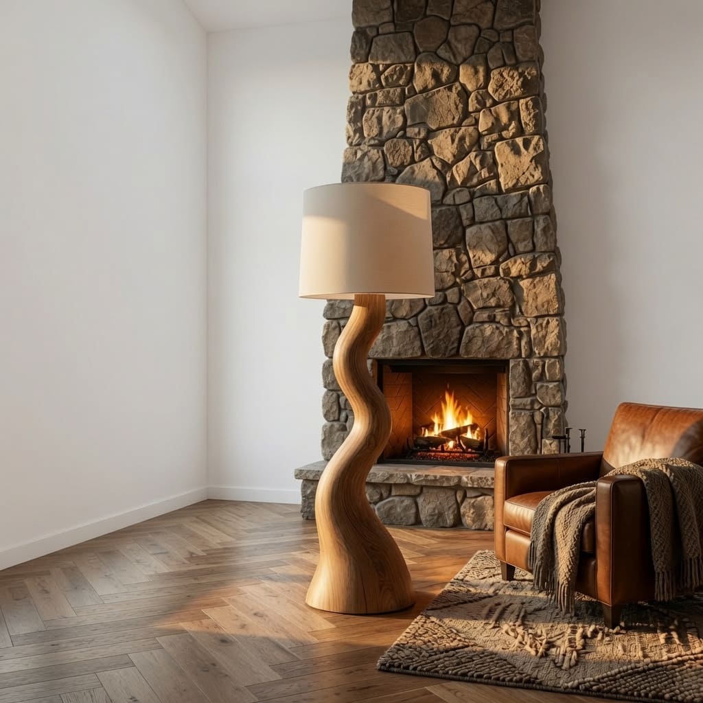 Organic modern floor lamp displayed in a cozy reading corner with natural decor