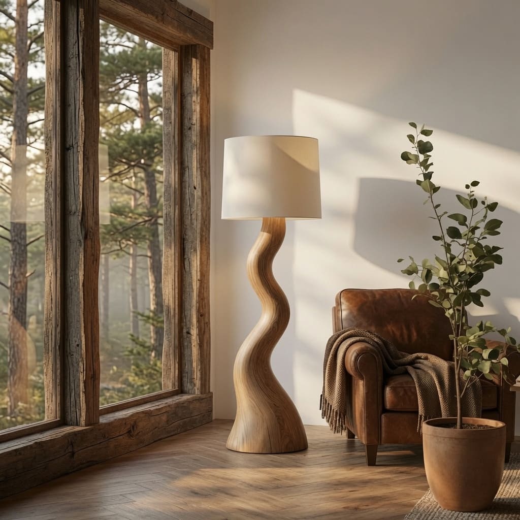 Modern sculptural floor lamp handcrafted from natural solid wood