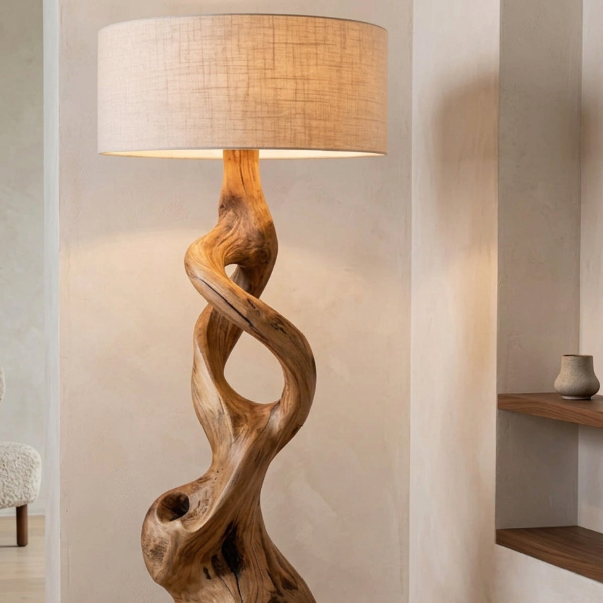 Contemporary natural wood standing lamp with artistic form