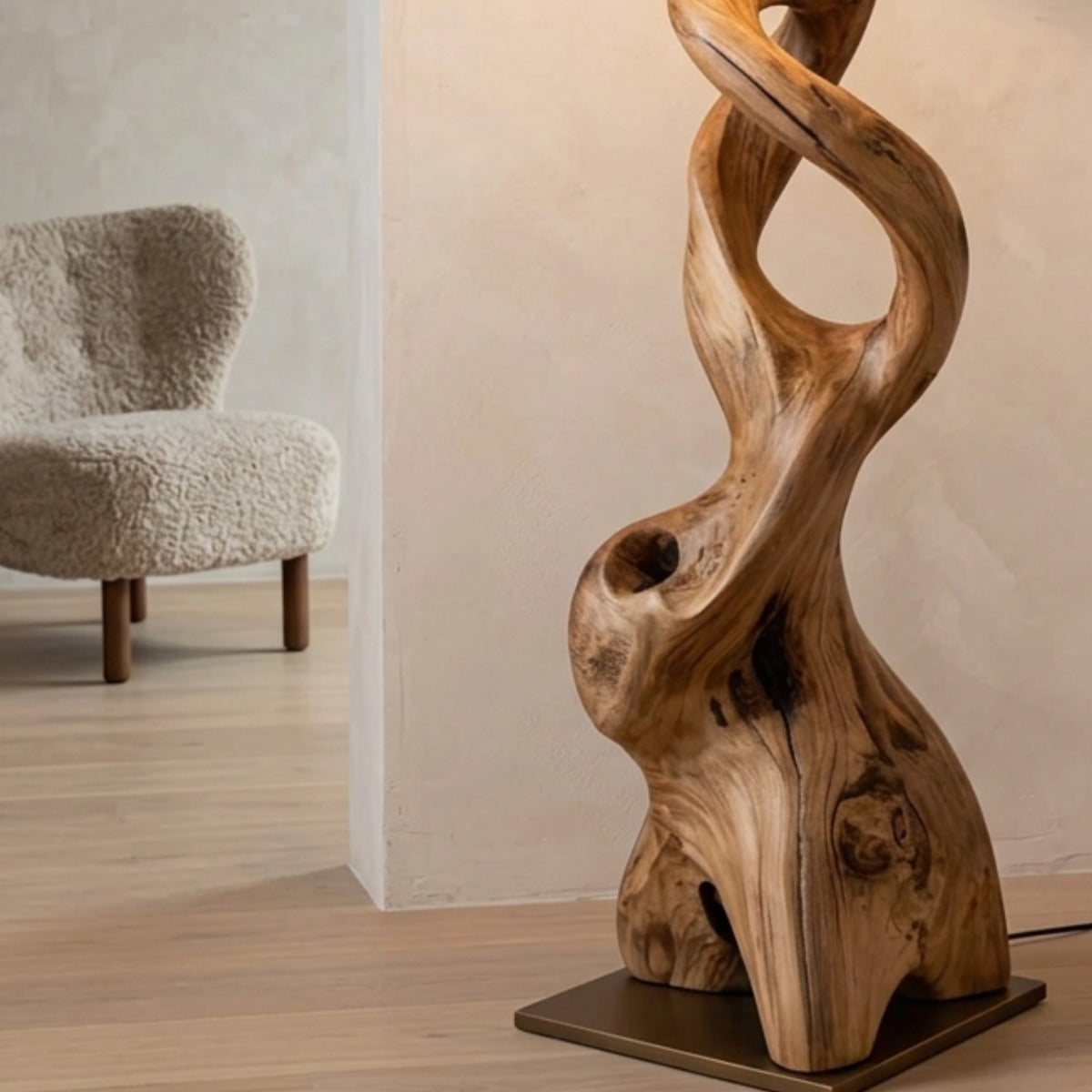 Organic sculptural floor lamp crafted from hardwood