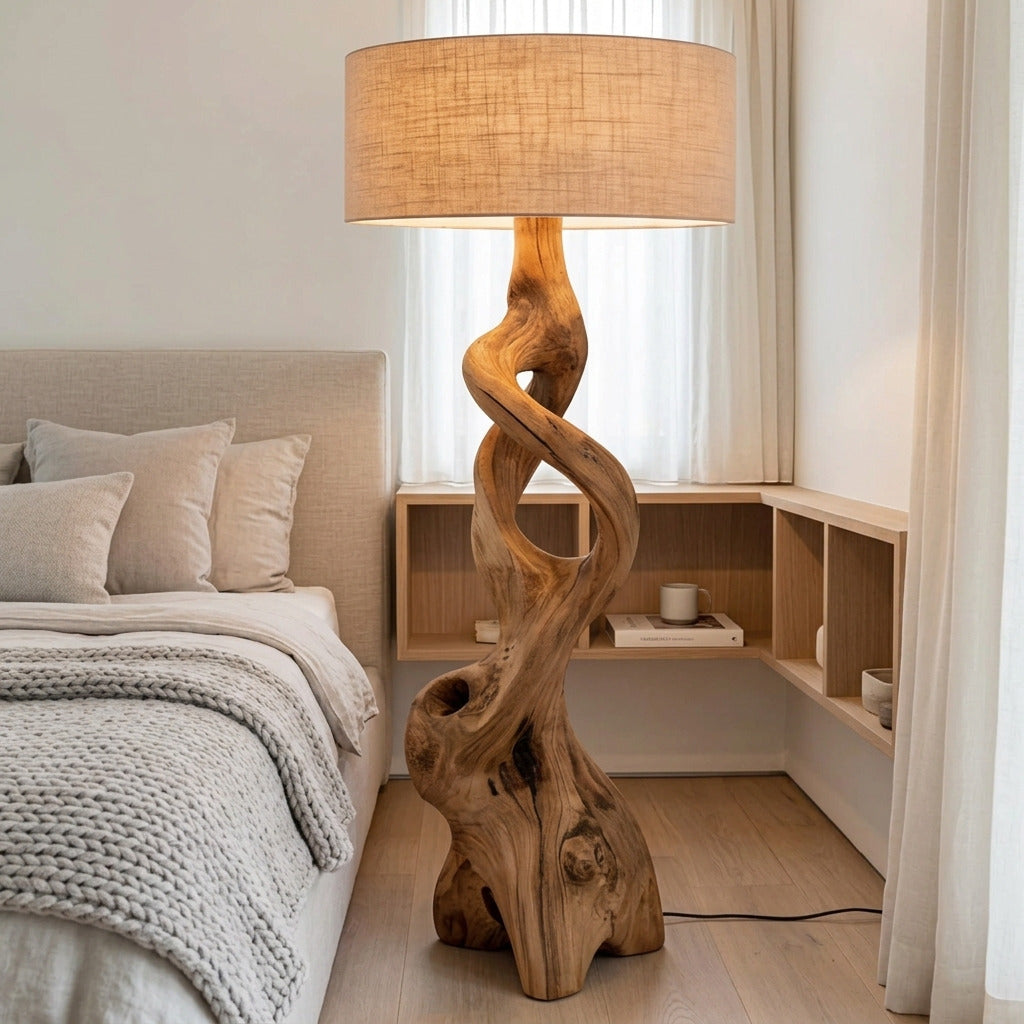 Contemporary hardwood floor lamp adding natural elegance to a cozy bedroom