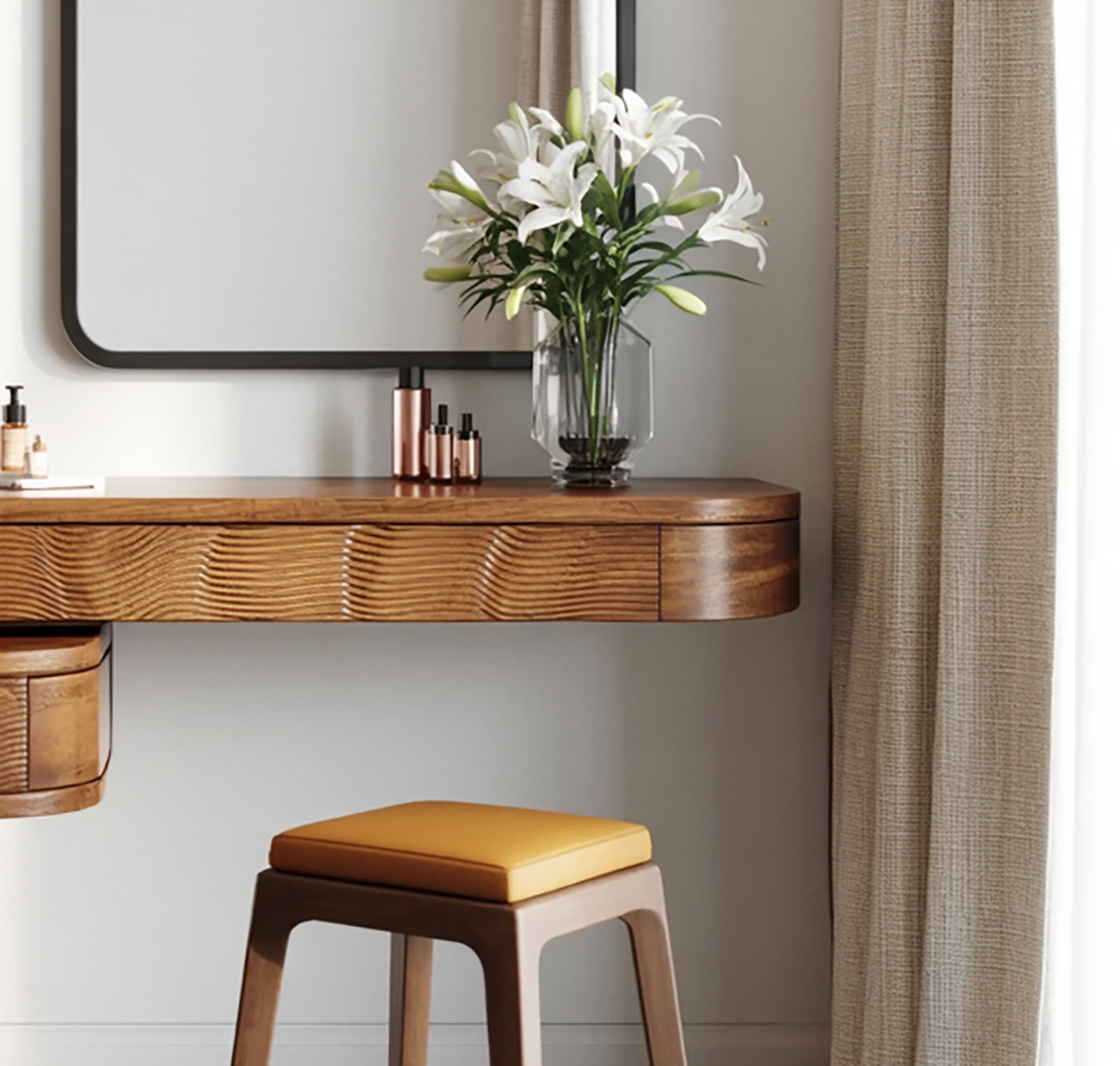 Modern wall mounted vanity desk made from natural wood