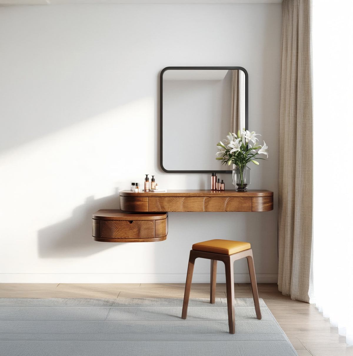 Organic floating wood vanity desk with rippled grain design