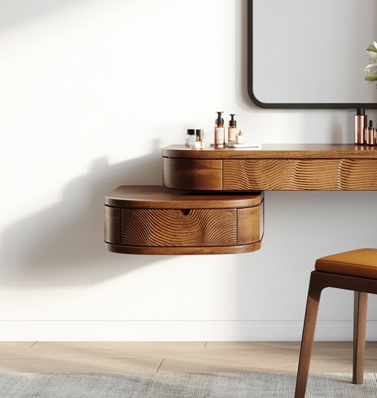 Floating wooden makeup vanity with organic modern style