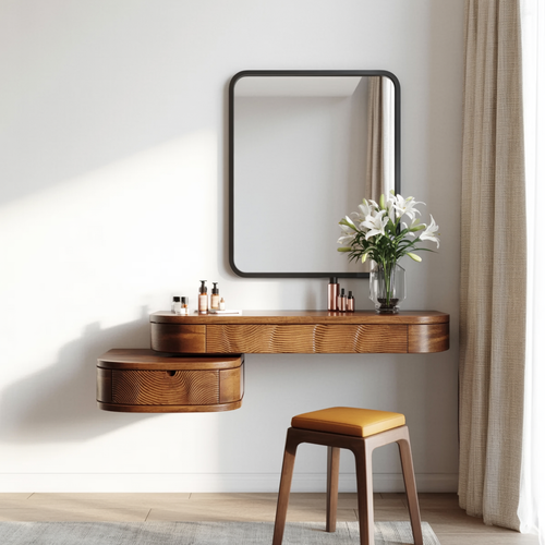 Modern Organic Floating Wood Vanity Desk – Rippled Grain Design