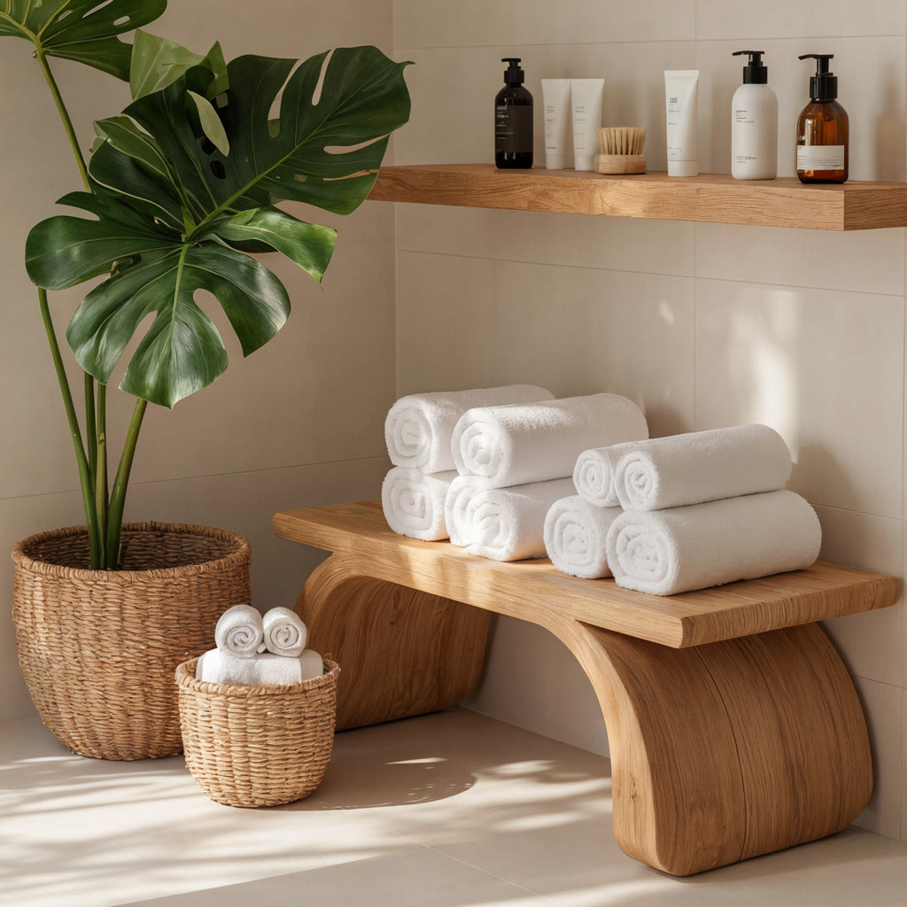 Modern organic shower bench in solid wood