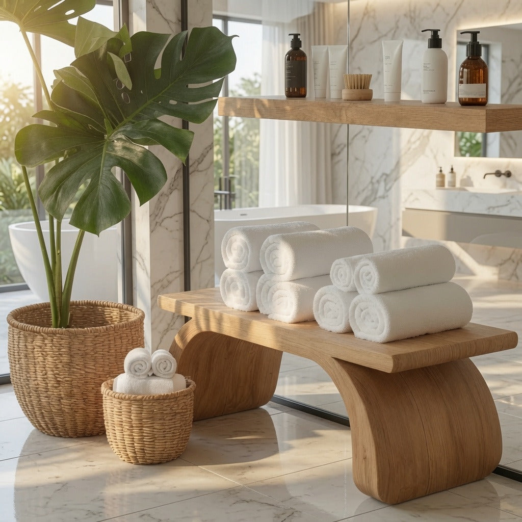 Modern organic solid wood shower bench in a contemporary bathroom