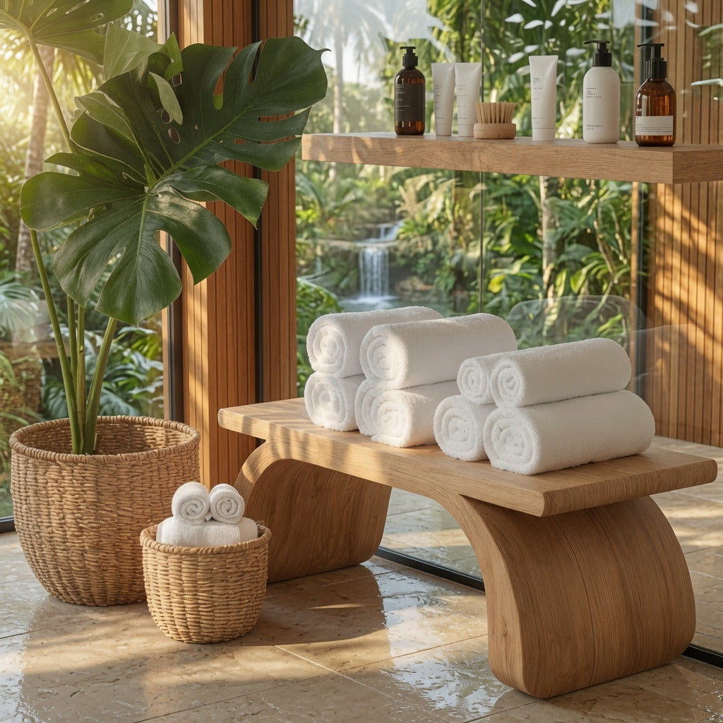 Handcrafted wooden spa bench creating a luxury spa-inspired bathroom