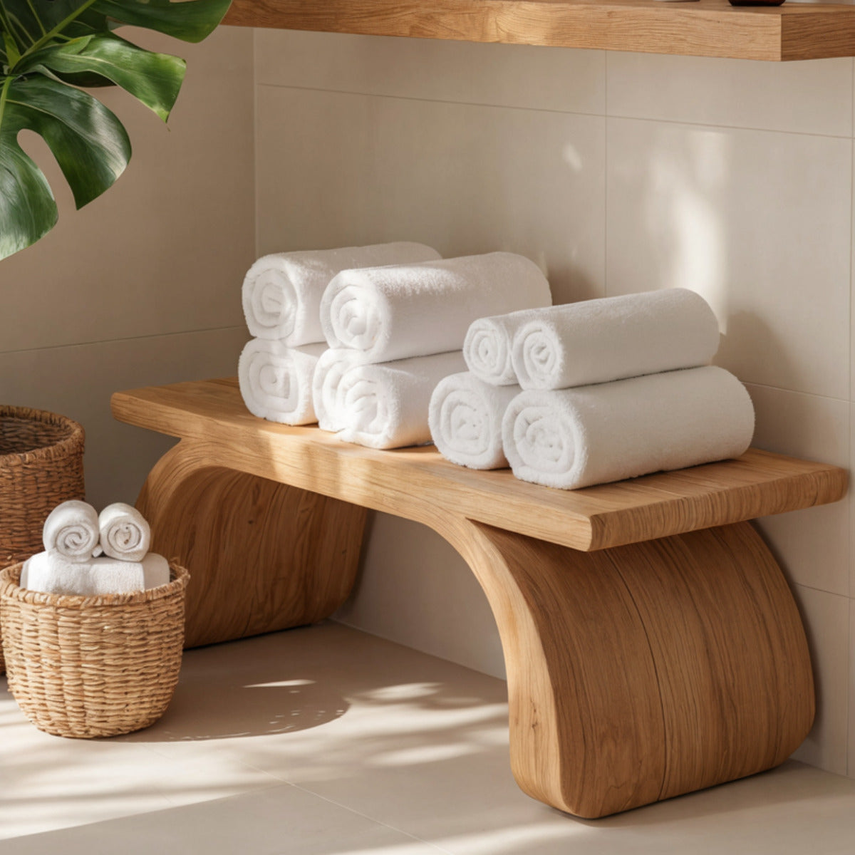 Sculptural solid wood bath bench in a modern wellness space