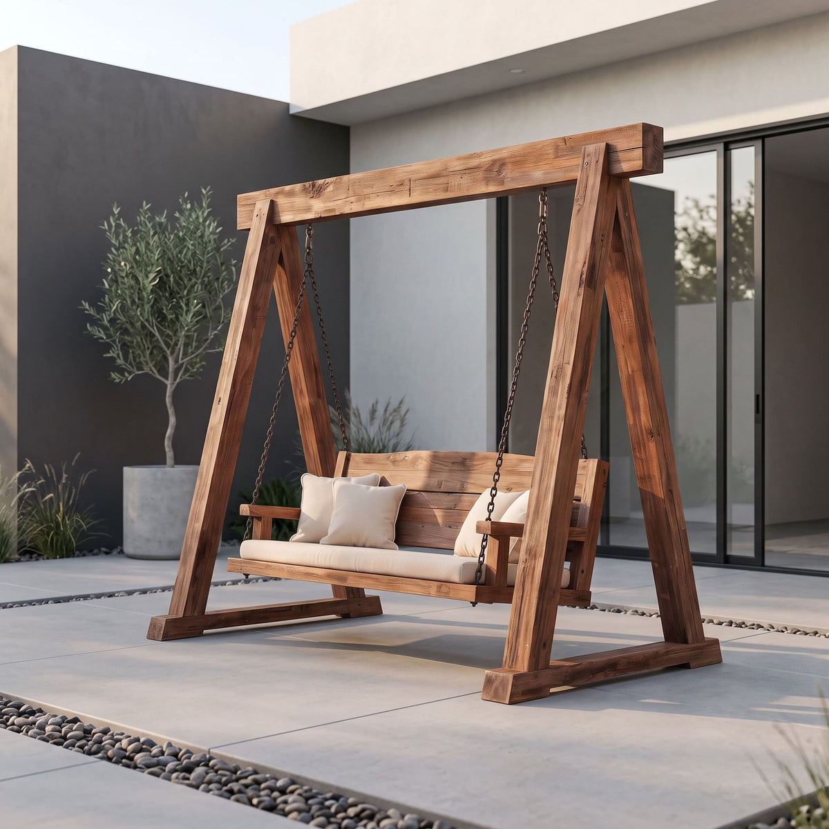 Modern rustic square post courtyard glider bench in natural solid wood