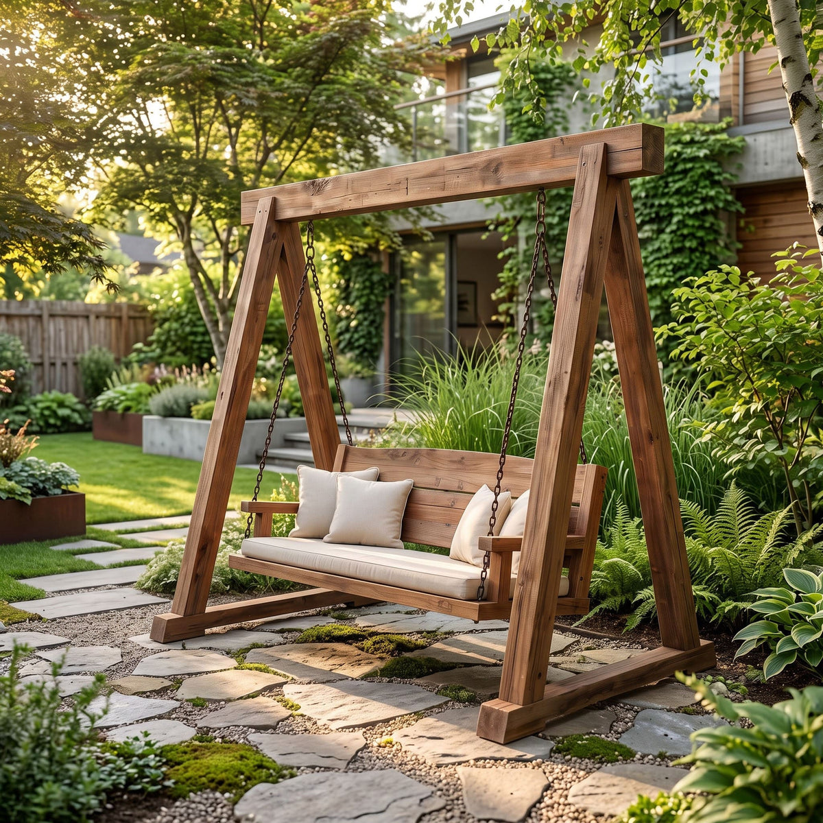 Natural wooden courtyard swing bench with square posts in a landscaped garden