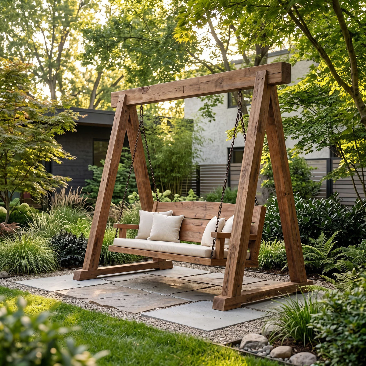 Solid wood glider bench displayed on a spacious outdoor patio