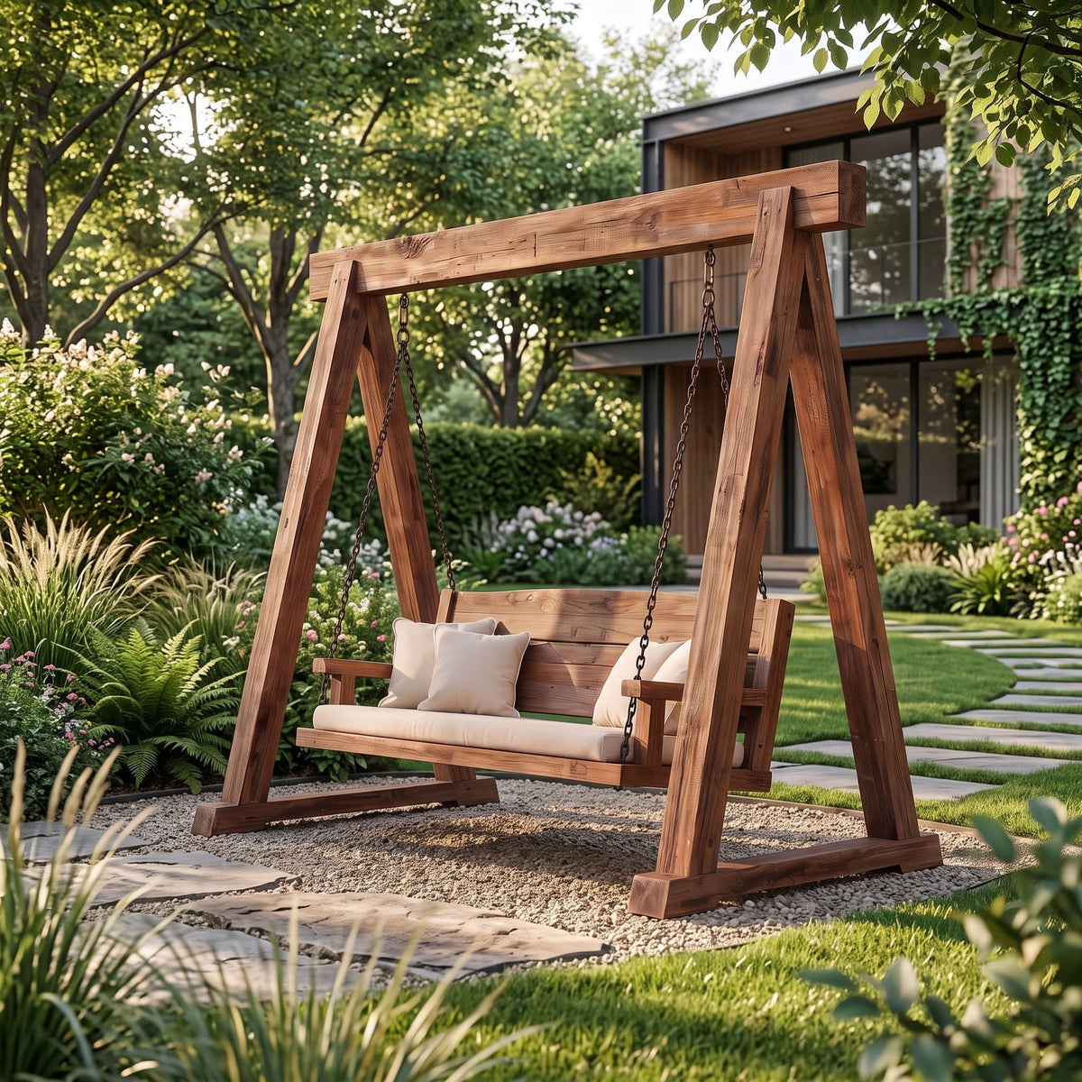 Rustic square post wooden swing bench in a charming backyard setting
