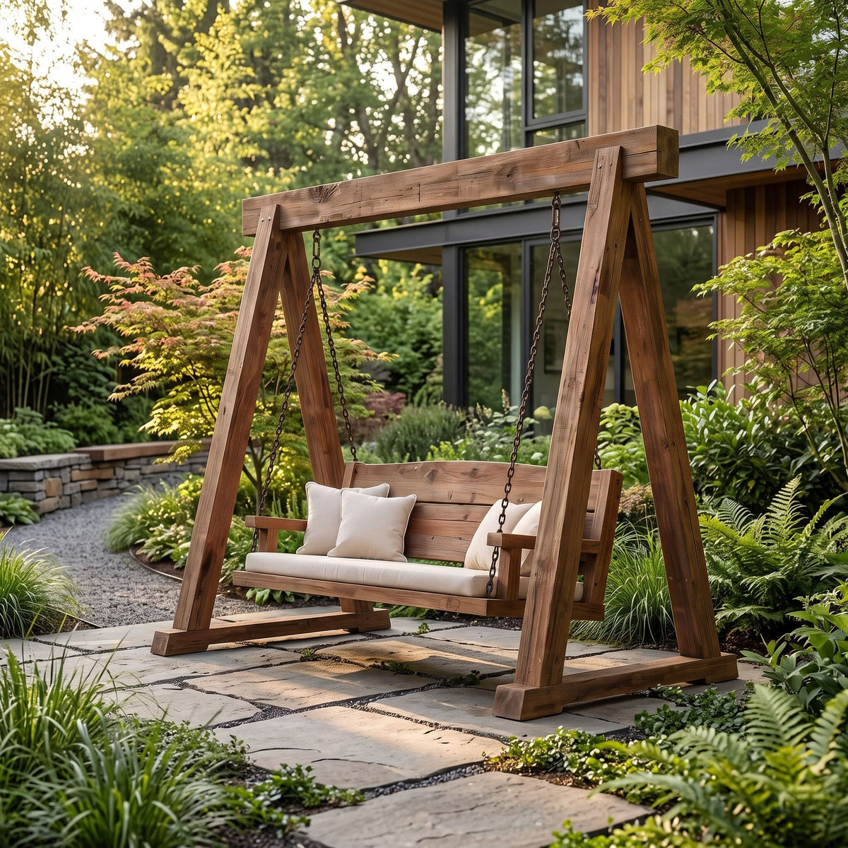 Square post solid wood swing bench styled in a contemporary courtyard