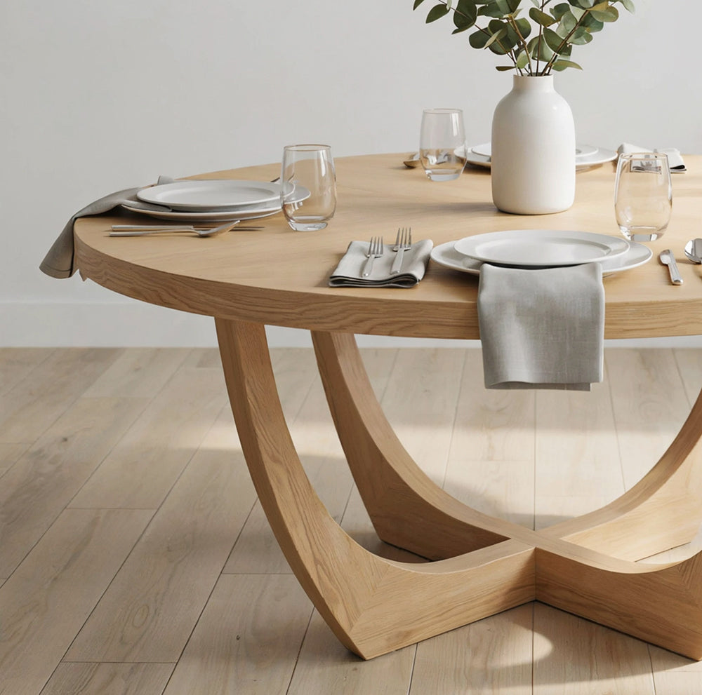 Handcrafted round dining table featuring organic design and natural wood grain