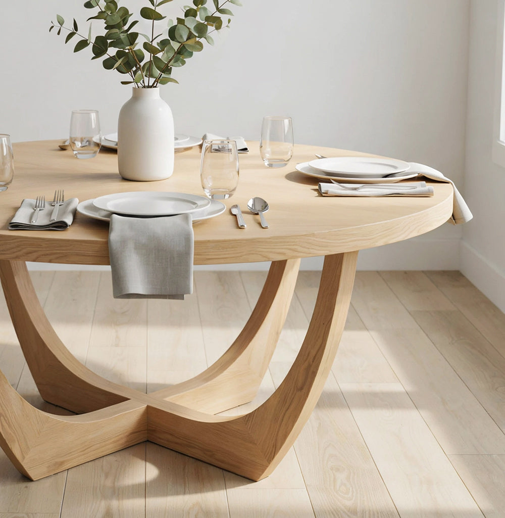 Handcrafted round dining table featuring organic design and natural wood grain