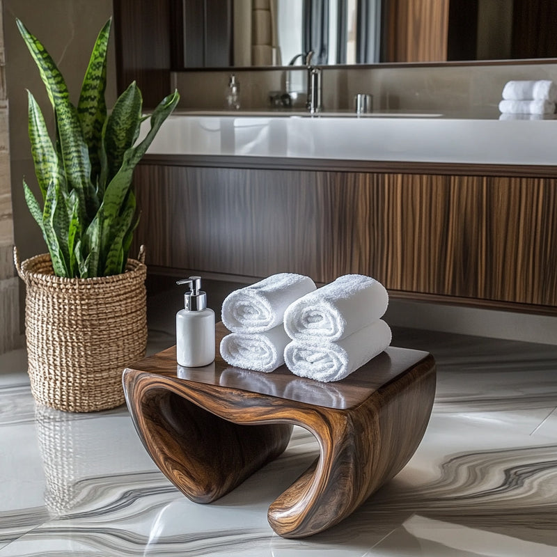 Modern sculptural shower bench in solid wood