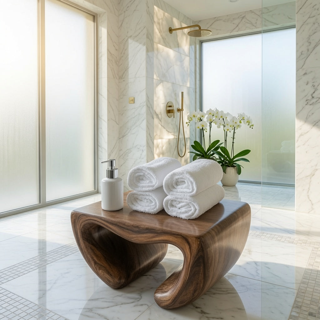 Modern sculptural solid wood shower bench in a contemporary bathroom